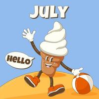 Ciao luglio. retrò Groovy ghiaccio crema personaggio seduta su il sabbia con un' palla e saluta. estate sfondo, piazza formato, dialogo scatola. vettore cartone animato illustrazione.