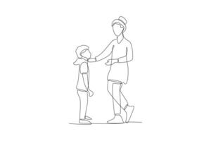 uno continuo linea disegno di bambini, genitori e medico. genitorialità nel assistenza sanitaria concetto. scarabocchio vettore illustrazione nel semplice lineare stile.