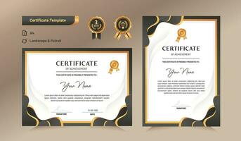 verde e oro certificato di realizzazione modello impostato con oro distintivo e confine. per premio, attività commerciale, e formazione scolastica necessità. vettore illustrazione