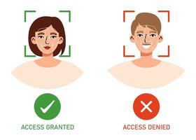 donna e uomo con viso id scanner. accesso concesso e negato, biometrica e moderno tecnologie, dai un'occhiata e controllo. piatto vettore illustrazione su bianca sfondo.