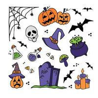 contento Halloween impostato con Morte, cranio, zucca, grave, ragnatela isolato su bianca sfondo nel un' scarabocchio stile. vettore illustrazione