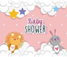 biglietto d'invito per baby shower stelle leone e coniglio vettore