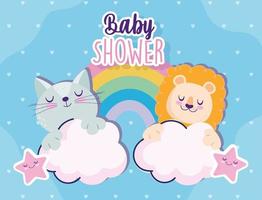 baby shower simpatico gatto leone arcobaleno e cartone animato stella vettore