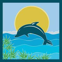 carta mare onde e coppia di delfini. carta tagliare in profondità stile vettore. marino animali selvatici. origami stile con ondulato Linee nel pastello colori. vettore