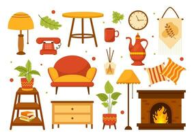 autunno accogliente casa arredamento vettore illustrazione con vivente camera interno mobilia sfondo elementi nel piatto cartone animato mano disegnato modelli