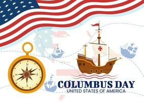 contento columbus giorno vettore illustrazione di nazionale Stati Uniti d'America vacanza con nave e americano bandiera sfondo nel piatto cartone animato mano disegnato modelli