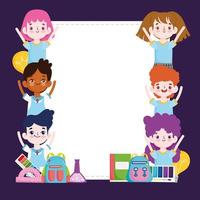 cartone animato di studenti del gruppo scolastico con libro zaino, banner vuoto vettore
