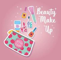 beauty makeup kit mascara, smalto per unghie, rossetto, pennello e lozione per il corpo vettore