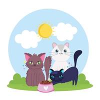 cartoni animati gatti animali con cibo nell'erba vettore