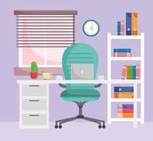 home office interni poltrona scrivania laptop libreria in legno con libri vettore
