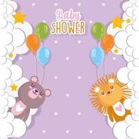 baby shower, simpatico leone e orso con palloncini e nuvole vettore