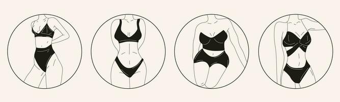 impostato di nero e bianca donne nel bikini . spiaggia biancheria intima. amore e accettare qualunque corpo genere. salutare corpo, corpo positivo, Grasso accettazione movimento, stile di vita e moda concetto. vettore