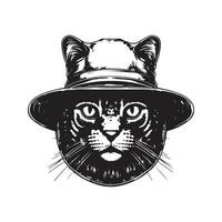 gatto con secchio cappello, Vintage ▾ logo linea arte concetto nero e bianca colore, mano disegnato illustrazione vettore