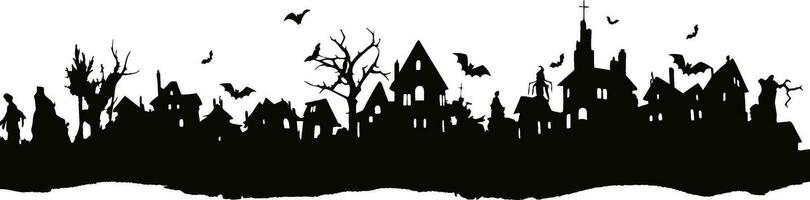 Halloween case e alberi su bianca sfondo di nero sagome stile. frequentato case o spaventoso villaggio per sfondo, bandiera e intestazione. vettore illustrazione per Halloween concetto