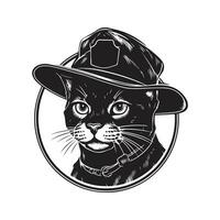 gatto indossare esploratore cappello, Vintage ▾ logo linea arte concetto nero e bianca colore, mano disegnato illustrazione vettore