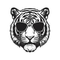 tigre testa indossare occhiali da sole, Vintage ▾ logo linea arte concetto nero e bianca colore, mano disegnato illustrazione vettore