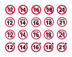 adulti soddisfare solo età restrizione 12, 14, 16, 18, 21 più anni vecchio icona segni impostare. vettore