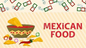 banner illustrazione per un design in uno stile piatto sul tema del cibo messicano nome iscrizione grande tazza di salsa salsa vettore