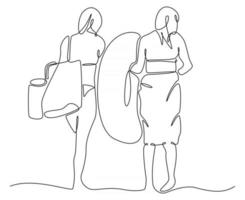 disegno a tratteggio continuo di donna che cammina sulla spiaggia, illustrazione vettoriale