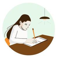 illustrazione della studentessa che scrive su un libro con una matita in casa in design piatto. vettore