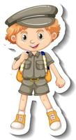 un modello di adesivo con un ragazzo vestito da safari personaggio dei cartoni animati vettore