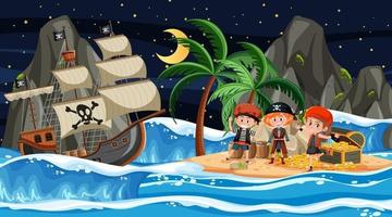 scena dell'isola del tesoro di notte con bambini pirata vettore