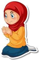 un modello di adesivo con una ragazza musulmana che prega personaggio dei cartoni animati vettore