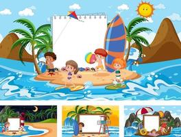 set di banner bianco in diverse scene di spiaggia tropicale vettore