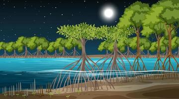scena del paesaggio della foresta di mangrovie di notte vettore