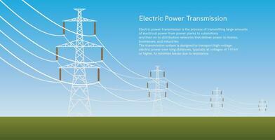 alta tensione piloni, elettrico torri nel campo con luminosa cielo, piatto vettore sfondo.