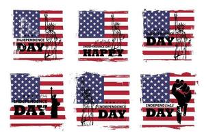 4 luglio festa dell'indipendenza degli stati uniti. set di varie forme quadrate grunge con bandiera americana e disegno di disegno della statua della libertà. vettore di elementi