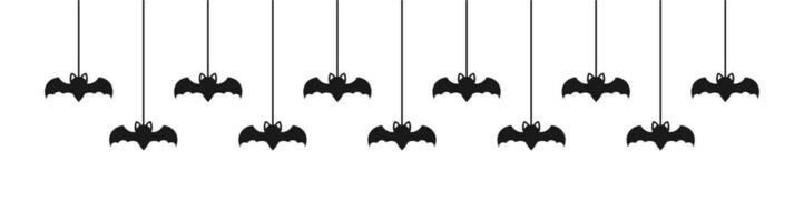 contento Halloween bandiera confine con pipistrelli sospeso a partire dal ragno ragnatele silhouette. spaventoso ornamenti decorazione vettore illustrazione, trucco o trattare festa invito