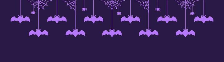 contento Halloween bandiera confine con pipistrelli sospeso a partire dal ragno ragnatele. spaventoso ornamenti decorazione vettore illustrazione, trucco o trattare festa invito