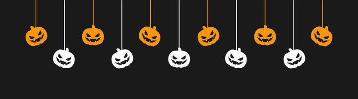 contento Halloween bandiera confine con Jack o lanterna zucche sospeso a partire dal ragno ragnatele. spaventoso ornamenti decorazione vettore illustrazione, trucco o trattare festa invito