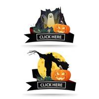due icone di halloween con nastri neri e clicca qui i pulsanti. icone-link originali per la tua attività vettore