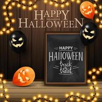 buon halloween, banner quadrato di auguri con lavagna con bellissime scritte, parete in legno e palloncini di halloween vettore