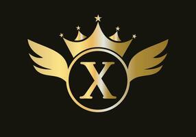 lettera X ala logo concetto con corona icona vettore modello. ala simbolo