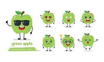 carino verde Mela cartone animato con molti espressioni. frutta diverso attività posa vettore illustrazione piatto design impostato con occhiali da sole.
