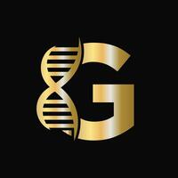 lettera g dna logo design concetto con dna cellula icona. Salute cura simbolo vettore