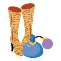 alto stivale icona isometrico vettore. paio di nuovo Marrone stivale e profumo bottiglia icona vettore