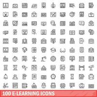 100 icone di e-learning impostate, stile contorno vettore