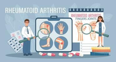 reumatoide artrite per atterraggio pagina. artrite trattamento. medici con lenti di ingrandimento mostrare malattie di il umano scheletrico sistema. modello, striscione, vettore