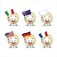 fetta di verde Noce di cocco cartone animato personaggio portare il bandiere di vario paesi vettore