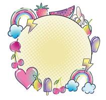 pop art arcobaleno frutta cuore gelato fumetto etichetta mezzitoni vettore