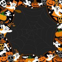 vettore - carino confine o telaio. molti elemento di Halloween concetto su ragnatela sfondo. fantasma volare, zucca, ragno, attraverso, cranio.