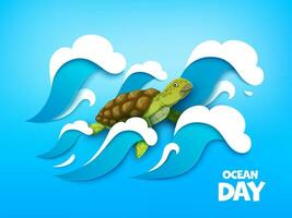 mondo oceani giorno, cartone animato tartaruga nel carta tagliare mare vettore
