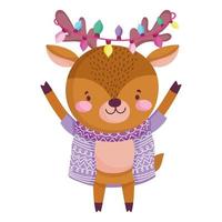 buon natale, renna carina con maglione e luci cartone animato animale vettore