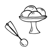 scarabocchio ghiaccio crema nel ciotola, mano disegnato piatto servendo notizia in anticipo cucchiaio. schema vettore illustrazione isolato su bianca sfondo per menù disegno, pubblicità, colorazione.
