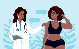 un sovrappeso anziano donna è parlando per un' nutrizionista. americano femmina medico spiega Come per perdere peso per un obeso paziente vettore