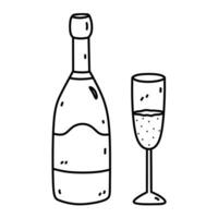 bottiglia di Champagne con un' bicchiere isolato su bianca sfondo. alcolizzato bevanda. vettore disegnato a mano illustrazione nel scarabocchio stile. Perfetto per carte, menù, decorazioni, logo, vario disegni.